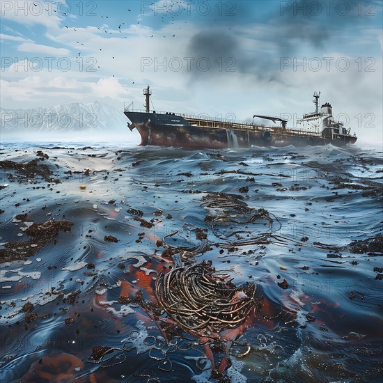 A stranded tanker in polluted water against a mountain backdrop, oil spill, environmental disaster, AI generated