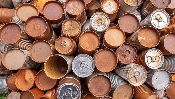 Symbol photo, rubbish, waste, many empty rusty cans in a pile, AI generated, AI generated