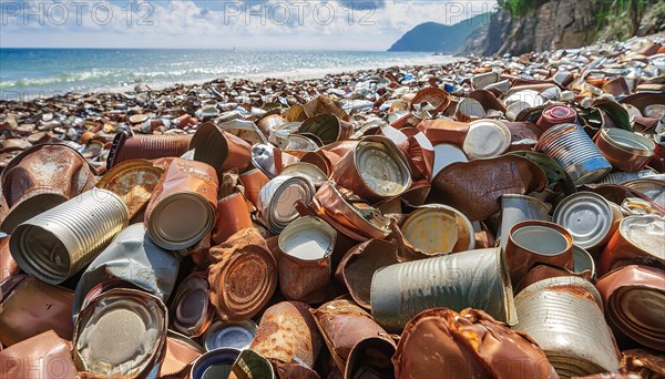 Symbol photo, many empty tin cans, partly crushed, rusty, dirty, lying on the beach, waste, AI generated, AI generated