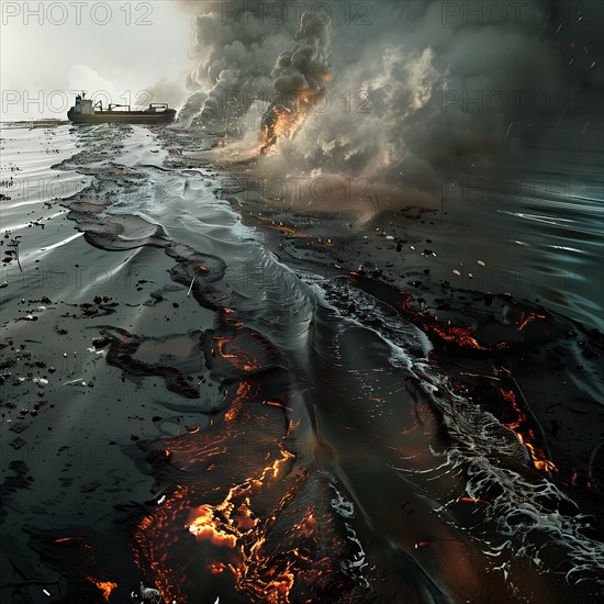 A dramatic volcanic eruption with rivers of lava flowing into the ocean and sending clouds of smoke into the sky, oil spill, environmental disaster, AI generated