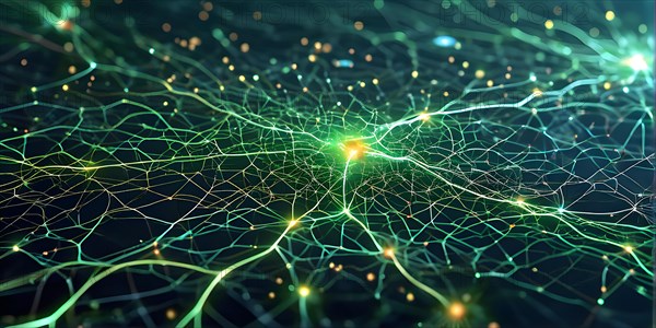 Ai generated conceptual illustration of a neuronal network with interconnected nodes pulsating in green tones, AI generated