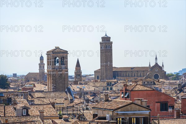 View over the roofs of Venice with church towers and church, view from the roof of the Fondaco dei Tedeschi, Venice, Veneto, Italy, Europe