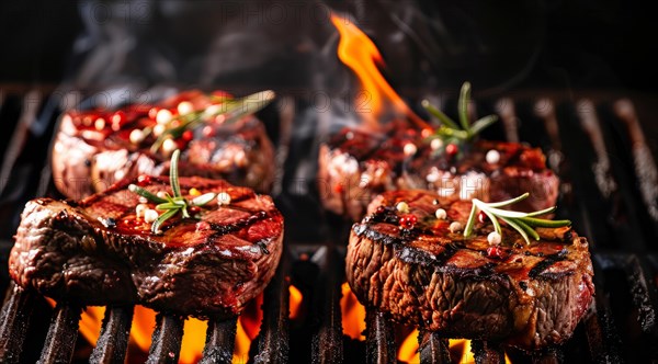 Delicious juicy beef steak is being grilled on a hot grill with flames and smoke surrounding it, AI generated
