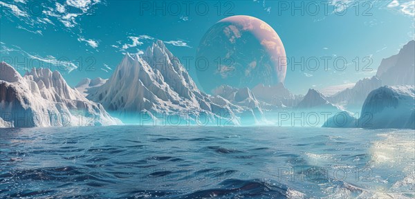 A planet with beautiful alien landscape. Extraterrestrial space travel to a different world, AI generated