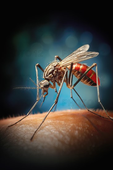 Close up portrait of a Mosquito biting skin, AI generated