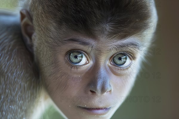 Imaginary monkey with human face and eyes, AI generated