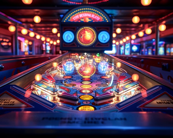 Close-up of a colorful pinball machine playfield with vibrant lights and reflections, AI Generated, AI generated