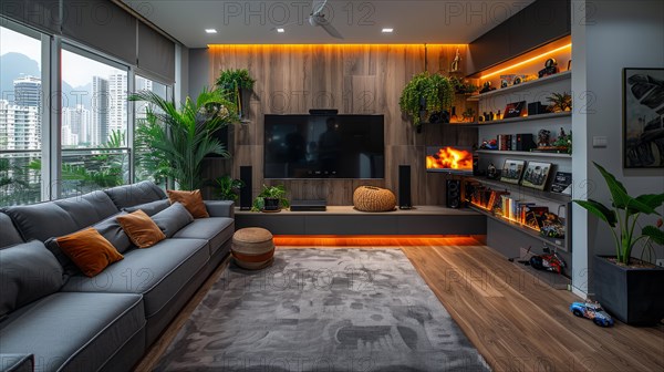 A cozy and stylish modern living room with grey tones, plants, and ambient lighting, AI Generated, AI generated