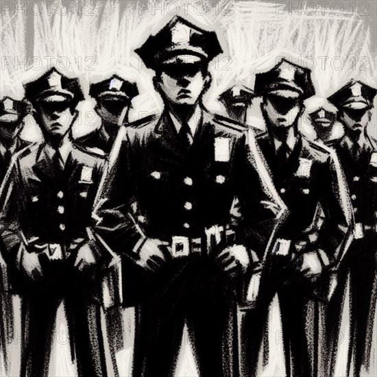 Monochrome sketch depicting a group of uniformed personnel exuding authority and order, AI generated