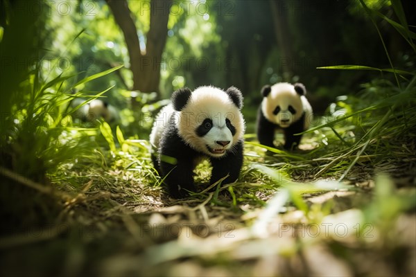 Cute panda cubs in a lush bamboo grove, The image showcases the beauty and serenity of nature and wildlife. Endangered species, AI generated