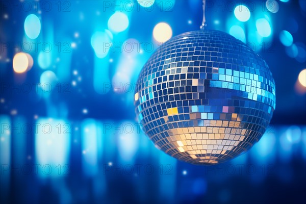 A disco ball is suspended from the ceiling at party in nightclub, reflecting the lights and creating a festive atmosphere, AI generated