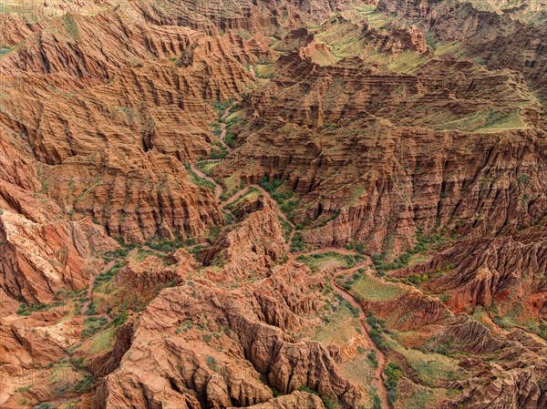 Badlands, river in a gorge with eroded red sandstone rocks, Konorchek Canyon, Boom Gorge, aerial view, Kyrgyzstan, Asia