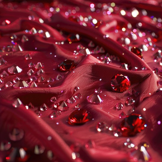 Seamless pattern of glistening rubies scattered across a rich red fabric AI generated