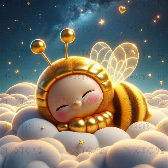 A bee character with a wide smile in an astronaut suit nestled in clouds under a star-filled sky, AI generated