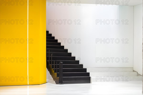 AI generated minimalist architectural shot of yellow and white walls intersecting around a modern stairway