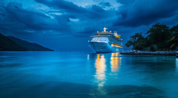 A large cruise ship docked near popular vacation resort. The scene is serene and relaxing, with the ship providing a sense of adventure, AI generated