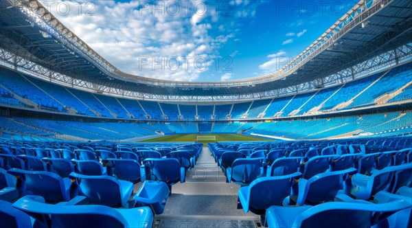 Big olympic stadium and soccer field full of blue seats with a blue sky in the background, AI generated