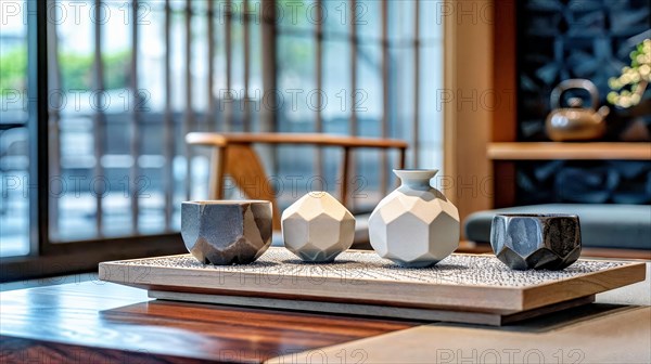 A contemporary update of the traditional Japanese tea ceremony in a minimalist space that reinterprets traditional hospitality and grace, tea service, Japan, AI generated, AI generated, Asia