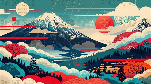A serene scene with the majestic Mount Fuji in the distance, surrounded by geometric patterns and abstract shapes inspired by Japanese cultural symbols, representing a harmonious fusion of nature and human creativity, Japan, AI generated, AI generated, Asia