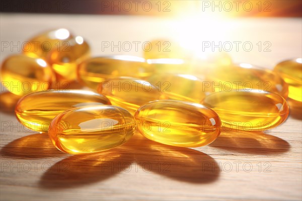 Orange Vitamin D capsule tablets in sun. KI generiert, generiert, AI generated