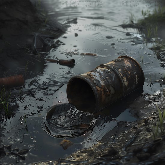 A rusty canister lies abandoned in a puddle of oil, conveying a sense of neglect, pollution, environmental protection, AI generated