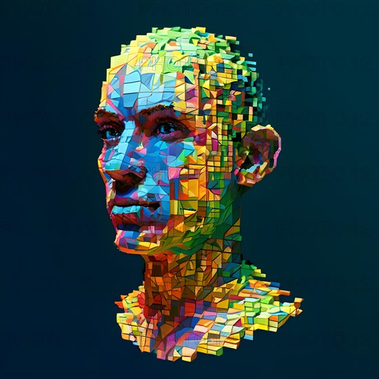AI generated human head digitalised in pixel art style presenting a mosaic of vibrant hues in neon glow