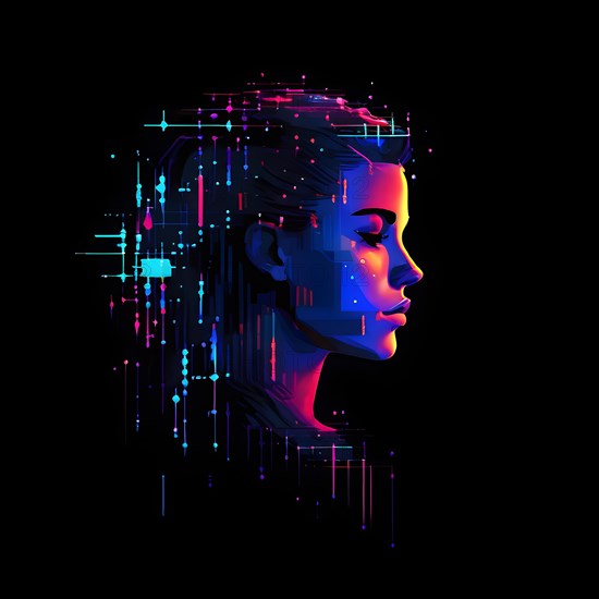 AI generated female human head digitalised in pixel art style presenting a mosaic of vibrant hues in neon glow