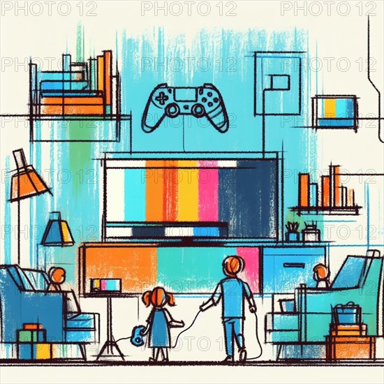 Sketch of a family in a living room with TV and gaming console, depicting a cozy atmosphere, AI generated