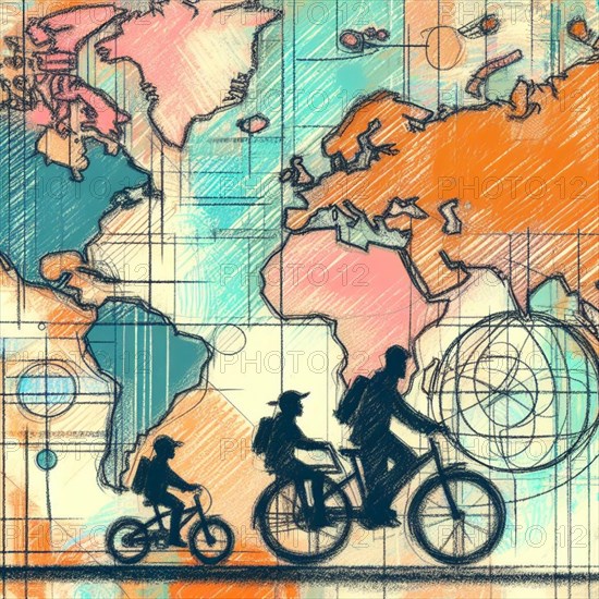 Family riding bikes over a sketch-like world map, portrayed in an abstract colorful style, AI generated