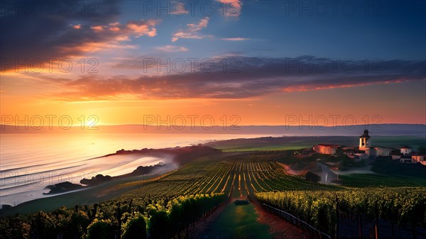AI generated aerial view of a coastal vineyard with ocean in the background in ambient light