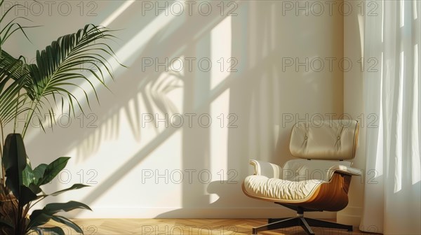 Cozy corner with a modern chair and plant bathed in sunlight, casting intricate shadows, AI generated