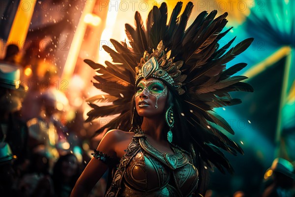 Captivating image capturing the essence of the Rio Carnival, showcasing a dancer adorned in an elaborate, vibrant costume, embodying the spirit and energy of this iconic festival, AI generated