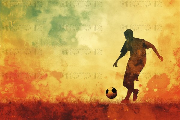 A soccer player dribbles and kicks a soccer ball. Abstract vintage grungy poster style with muted colors, AI generated