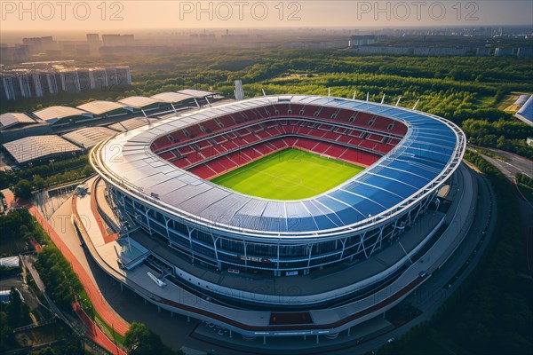 Aerial bird eye top view of a soccer football field stadium, AI generated