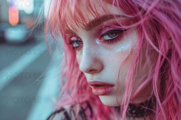 Face of young woman in pink gothic style in street. KI generiert, generiert, AI generated