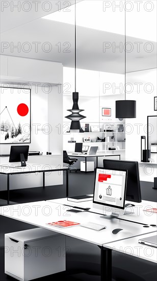A pristinely organized modern office space styled in grayscale with red as a focal color, illustration, AI generated
