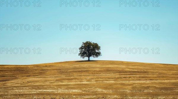 A lone tree atop a golden hill under a clear blue sky, embodying a sense of isolation, AI generated