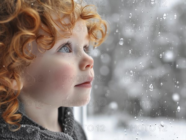 Bad weather, child looks sadly outside through a rainy window pane, AI generated