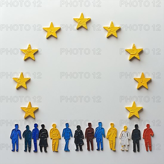 Paper figures in different colours represent the diversity of Europe, surrounded by EU stars, AI generated