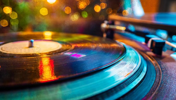 Vinyl play a song on a classic turntable against a vibrant background with bokeh effect ai generated, AI generated