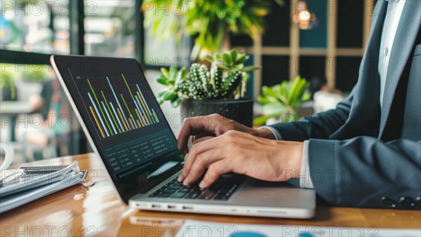 Concept of productivity. Businessman uses laptop to analyze marketing and productivity data, AI generated