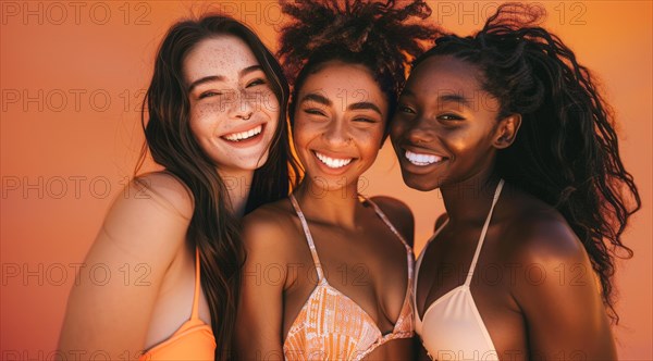 A group of women are smiling and posing for a photo. They are wearing bikinis and hats, AI generated