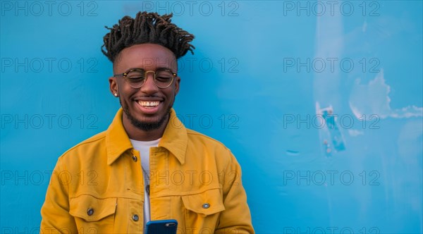 Black young positive man with dreadlocks is smiling and standing in front of the building wall. Concept of confidence and positivity, AI generated