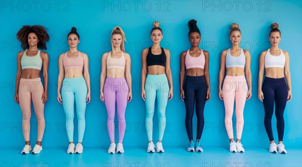 A group of slim attractive athletic women are standing in a row wearing different sportswear, AI generated