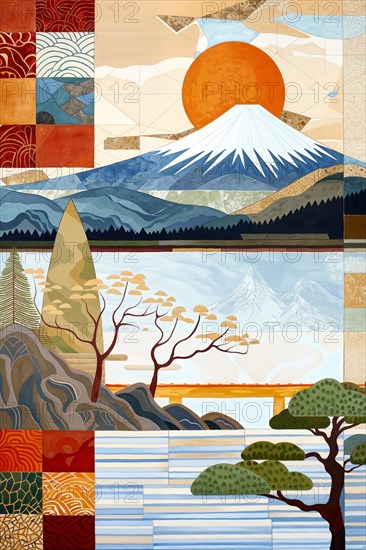 Image with mosaic texture shows Mount Fuji at sunset in muted colours, Japan, AI generated, AI generated, Asia