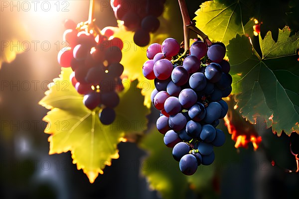 AI generated ripe grapes clinging to a vine sunlight dancing through the leaves accentuating their rich hues