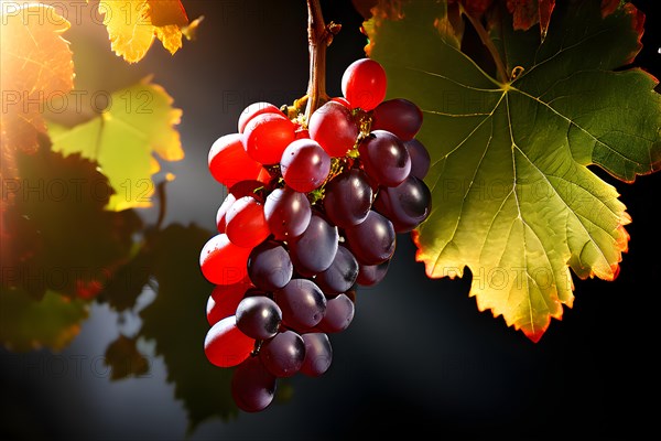 AI generated ripe grapes clinging to a vine sunlight dancing through the leaves accentuating their rich hues