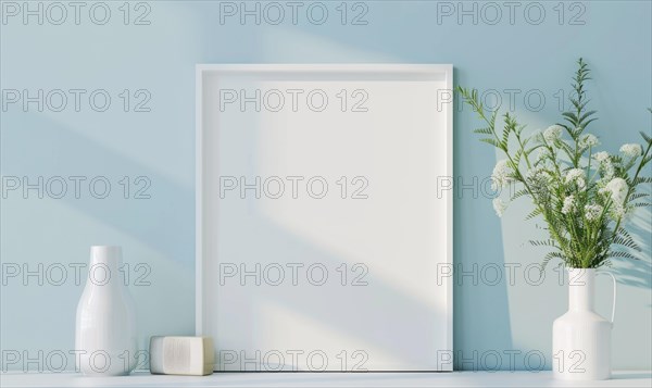A blank image frame mockup on a soft sky blue wall AI generated