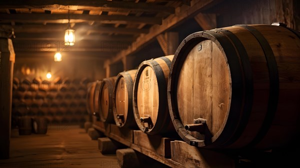 AI generated rustic wine cellar filled with wooden oak barrels