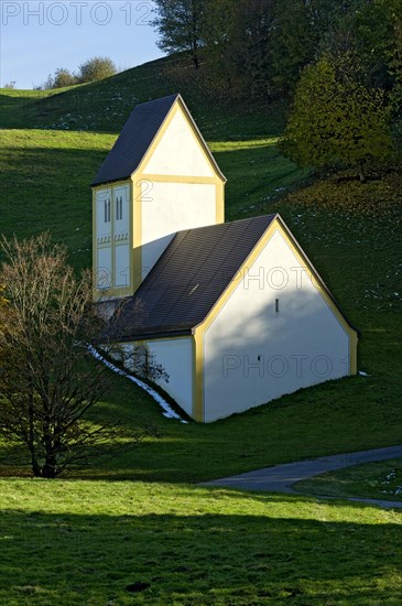 Copy of the Romanesque pilgrimage church Heilig Kreuz, sculpture and art object sunken village by Timm Ulrichs, Kunst am Bau at the Allianz Arena, Froettmaninger Berg, Froettmaning, Munich, Upper Bavaria, Bavaria, Germany, Europe